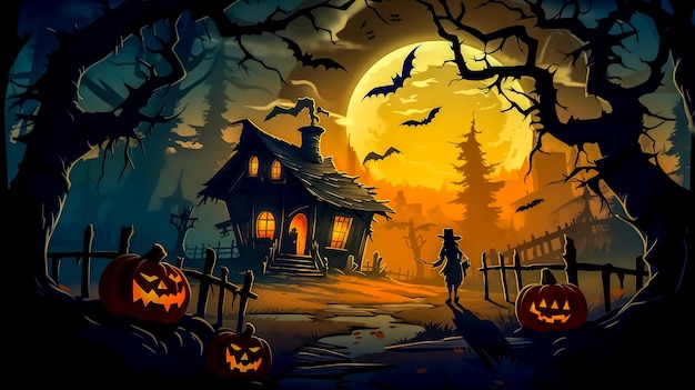 Halloween carved pumpkins scary characters and bats in a mysterious dark forest made Generative AI