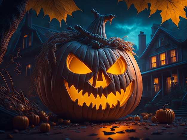 halloween carving pumpkin on a leafs shining Jacko'lantern