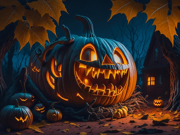 할로윈 조각 호박에 잎 빛나는 Jacko'lantern