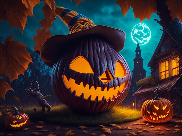 Хэллоуин резьба тыквы на листьях сияющий Jacko'lantern