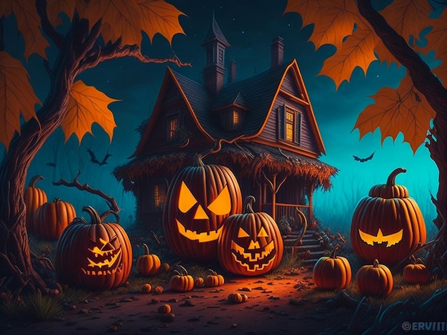 halloween carving pumpkin on a leafs shining Jacko'lantern