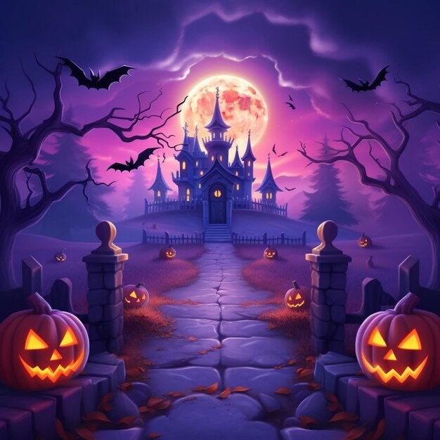 Halloween castle background with scary pumpkins candle the graveyard at night