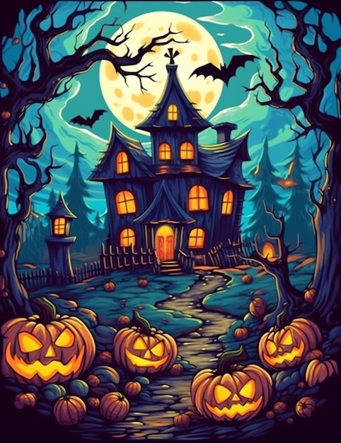 Halloween castle background with scary pumpkins candles in the graveyard at night