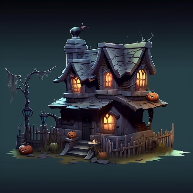 Photo halloween castle background with scary pumpkins candles in the graveyard at night