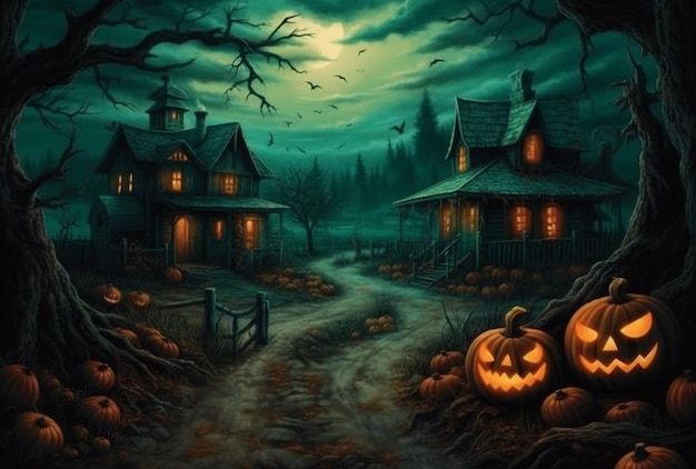 Halloween castle background with scary pumpkins candles in the graveyard at night