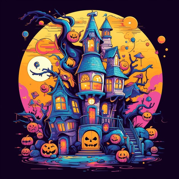 Halloween castle background with scary pumpkins candles in the graveyard at night