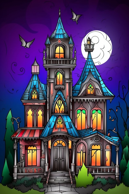 Halloween castle background with scary pumpkins candles in the graveyard at night