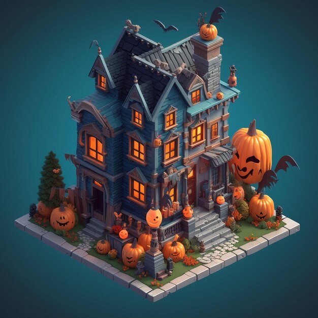 Halloween castle background with scary pumpkins candles in the graveyard at night