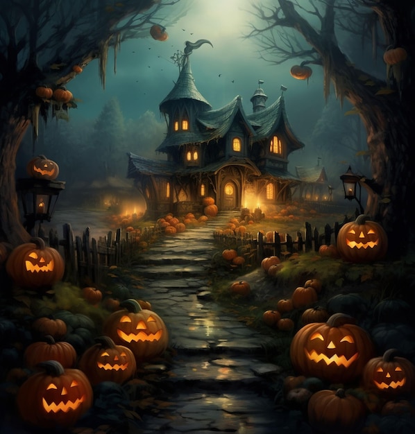 Halloween castle background with scary pumpkins candles in the graveyard at night