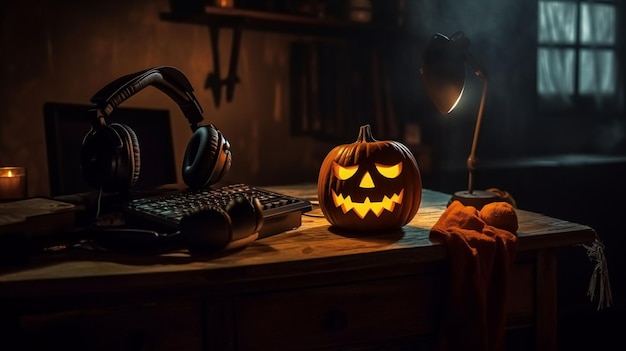 Halloween castle background with scary pumpkins candles in the graveyard at night