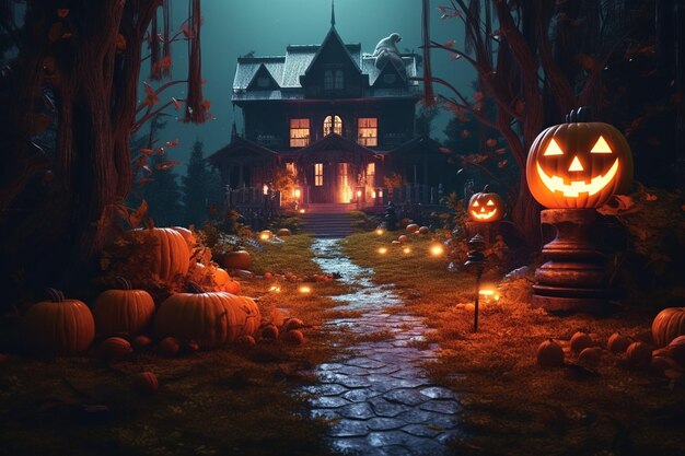 Halloween castle background with scary pumpkins candles in the graveyard at night