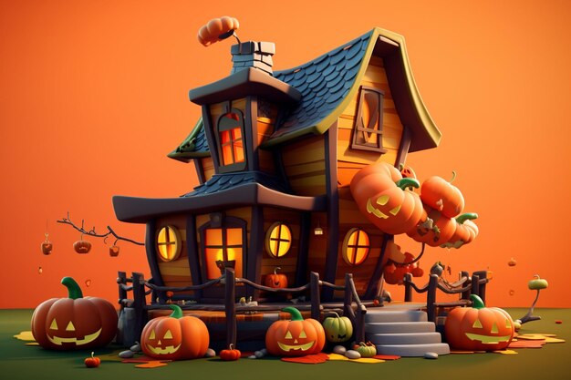 Halloween castle background with scary pumpkins candles in the graveyard at night