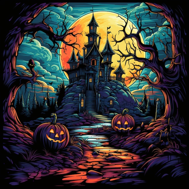 halloween castle illustration scary spooky bat pumpkin holiday pop art style