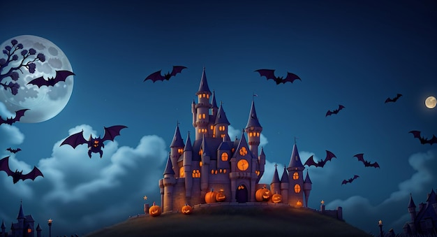 Хэллоуин Замок Ночь Луна Фон светящиеся тыквы и летучие мыши Летающие