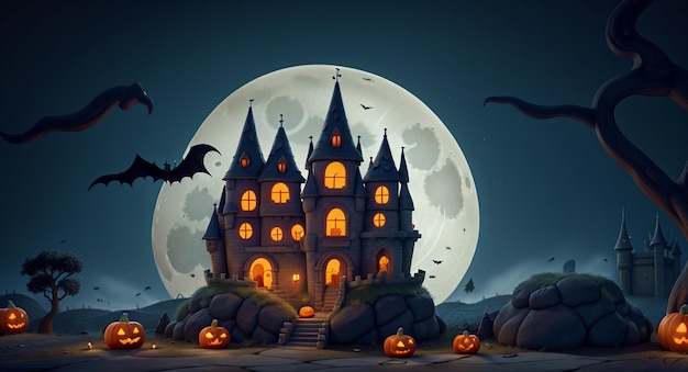 Halloween Castle Night Moon Background glowing pumpkins and bats Flying