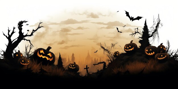 halloween castle silhouettes with bats and pumpkins background Transparent background