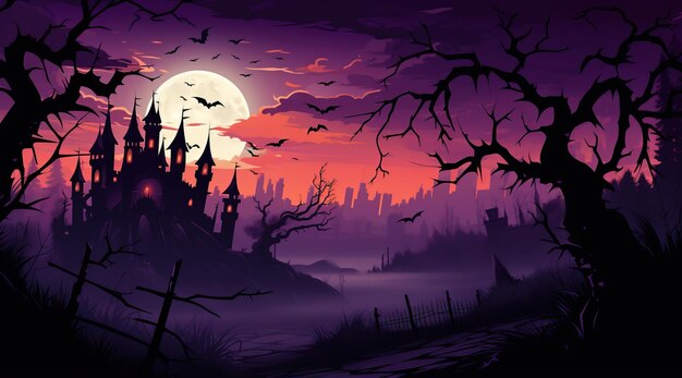 Halloween castle wallpaper and scary night sky in the style of light yellow and dark purple