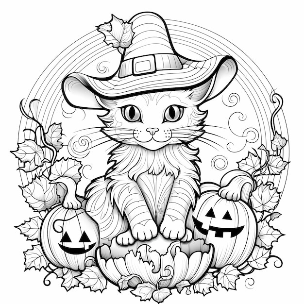 Photo halloween cat coloring page with pumpkin and witch's hat