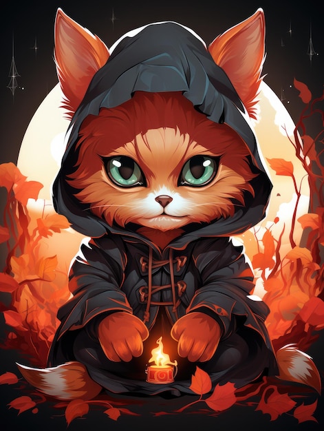 Halloween cat illustration Kawaii Red Cat Conjuring Magic Spooky Halloween Special
