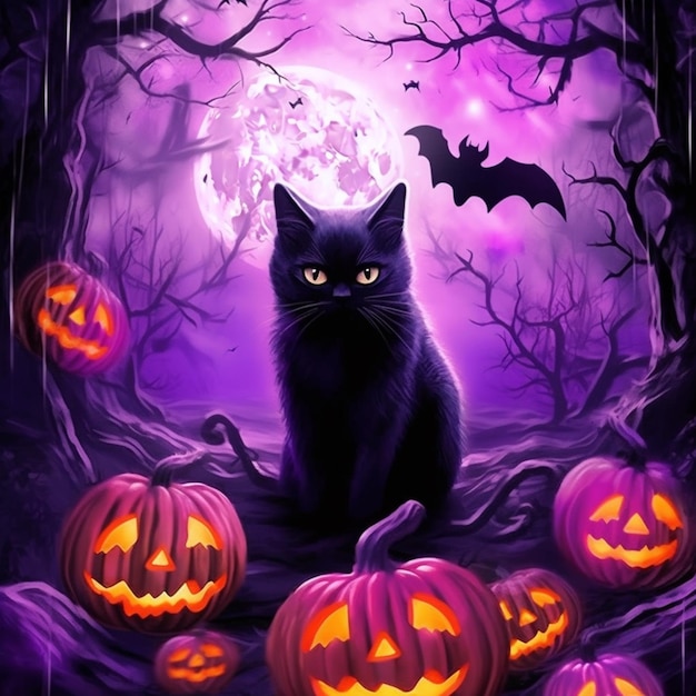 Halloween cat in a spooky forest with pumpkins and bats generative ai