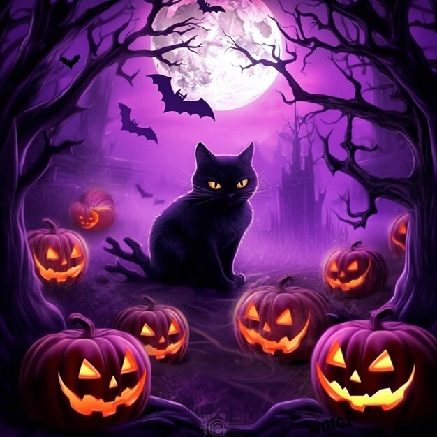 Halloween cat in a spooky forest with pumpkins and bats generative ai