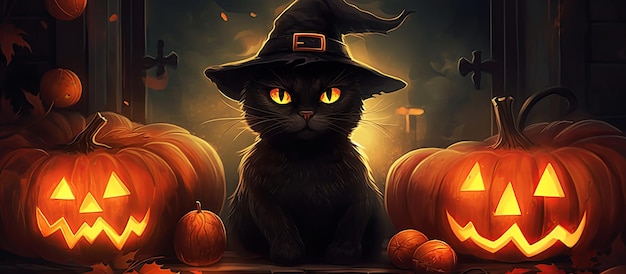 Halloween cat in witch hat sits at night near pumpkins flying vampires and starsGenerative AI illustration Panoramic background