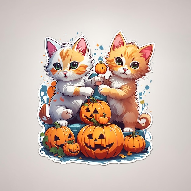 Halloween Cat with pumpkin skull scarecrow bats halloween concept image