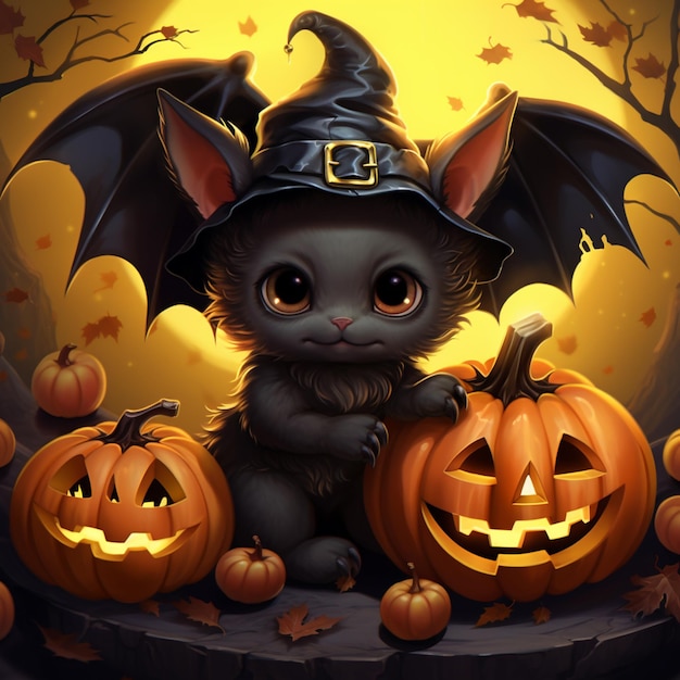 Halloween cat with a witch hat and pumpkins generative ai