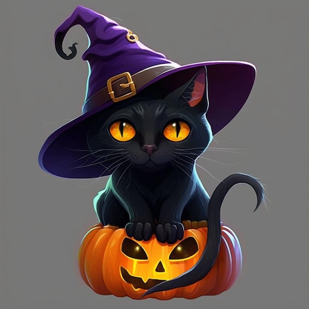 Halloween cat with a witch hat sitting on a pumpkin generative ai