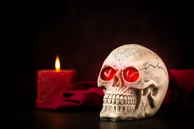 Halloween catrine schedel op een zwarte tafel op donkere achtergrond.