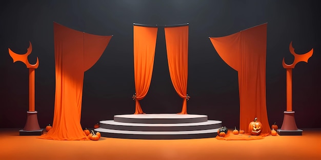 ハロウィーン・キャットウォークのイラスト 暗いオレンジ色の展示シーン 謎のカボチャの柱とドレピー デジタル・ドローイング・AI・ジェネレーション