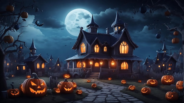 Halloween Celebration in a Forest Background with Scary Pumpkin 3D Image By AI Generated