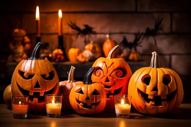 Хэллоуин празднование смешной Джек О фонарь тыквы оранжевый фон фотография