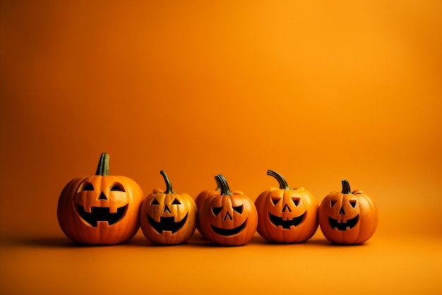 Halloween celebration funny jack o lantern pumpkins orange background photography