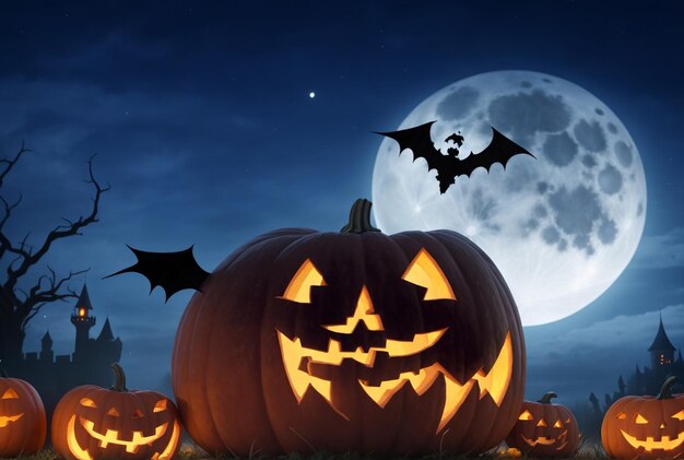 Halloween celebration pumpkin and dark castle with graveyard Full Moon spooky night Background