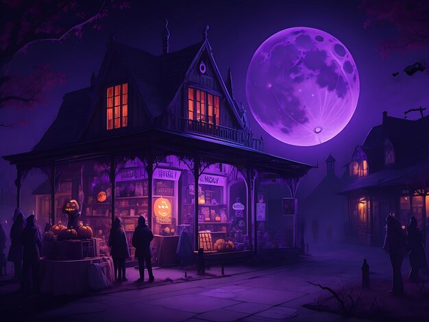 Halloween celebration pumpkin and dark castle with graveyard Moon spooky night AI generated