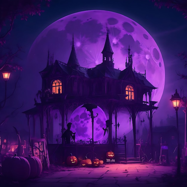 Halloween celebration pumpkin and dark castle with graveyard Moon spooky night AI generated