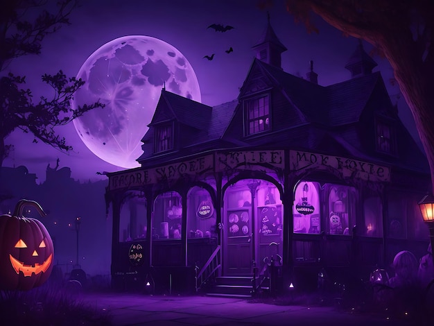 Halloween celebration pumpkin and dark castle with graveyard Moon spooky night AI generated