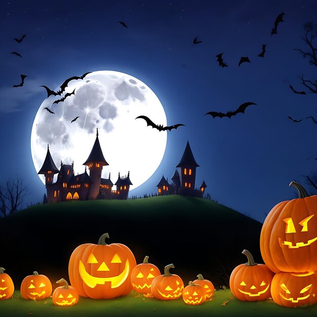 Photo halloween celebration pumpkin and dark castle with graveyard moon spooky night ai generated