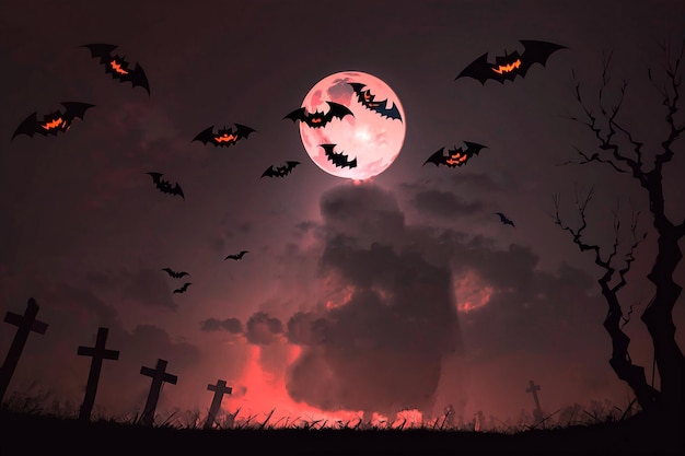 Halloween cemetery atmosphere is scary with ghost bats background illustration