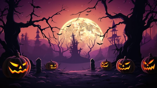 Halloween cemetery background with pumpkins and purple night moon