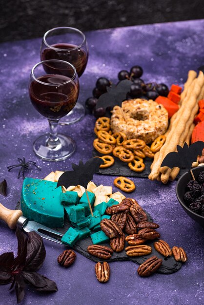 Halloween cheeseboard with blue and red cheese