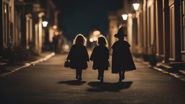 halloween children in ghost costumes and pointed witch hats walk down the street night photorealism