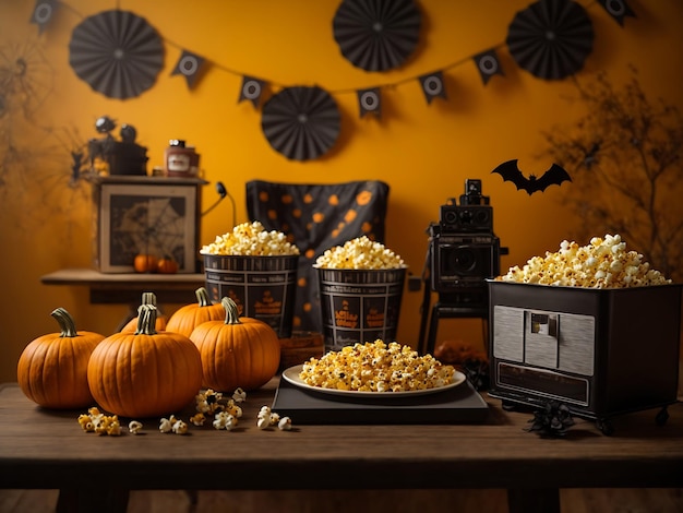 Halloween cinema date with pals Side view spooky table setup pumpkins spiders cobweb bats