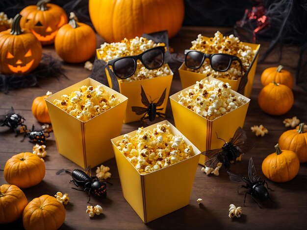 Halloween cinematic delight with friends Top view angle captures themed decor popcorn boxes filled