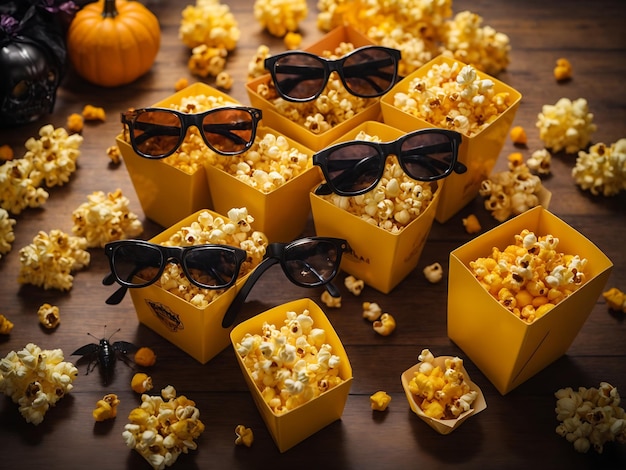 Halloween cinematic delight with friends Top view angle captures themed decor popcorn boxes filled