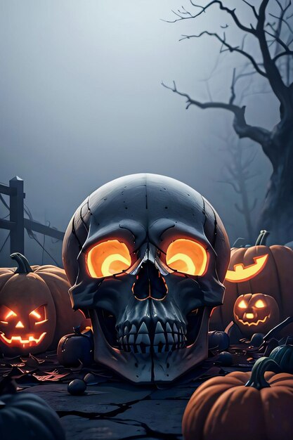 Halloween Cinematic Poster With Skull and Pumpkins Wallpaper