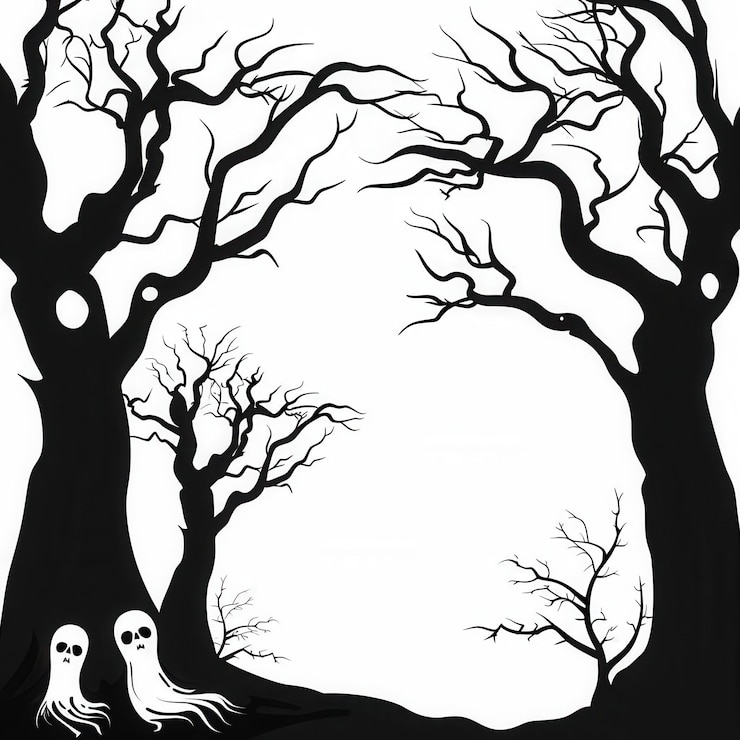 Photo halloween clipart of a haunted forest with ghostly figures white background