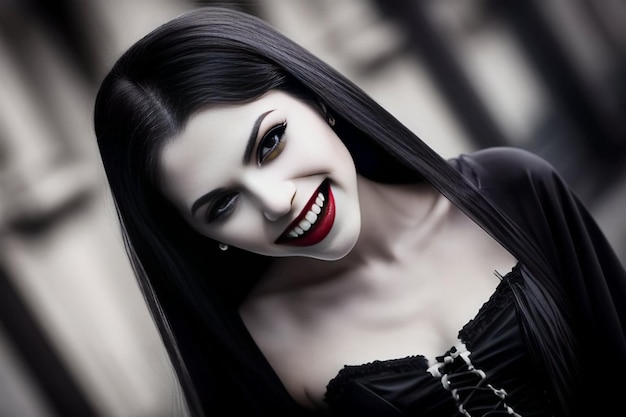 halloween close-up portret van een eng vampiermeisje in een gotische jurk zwart-wit foto rode li