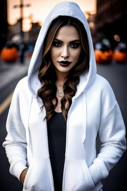 halloween Closeup portrait of a girl in a white hoodie on a city street